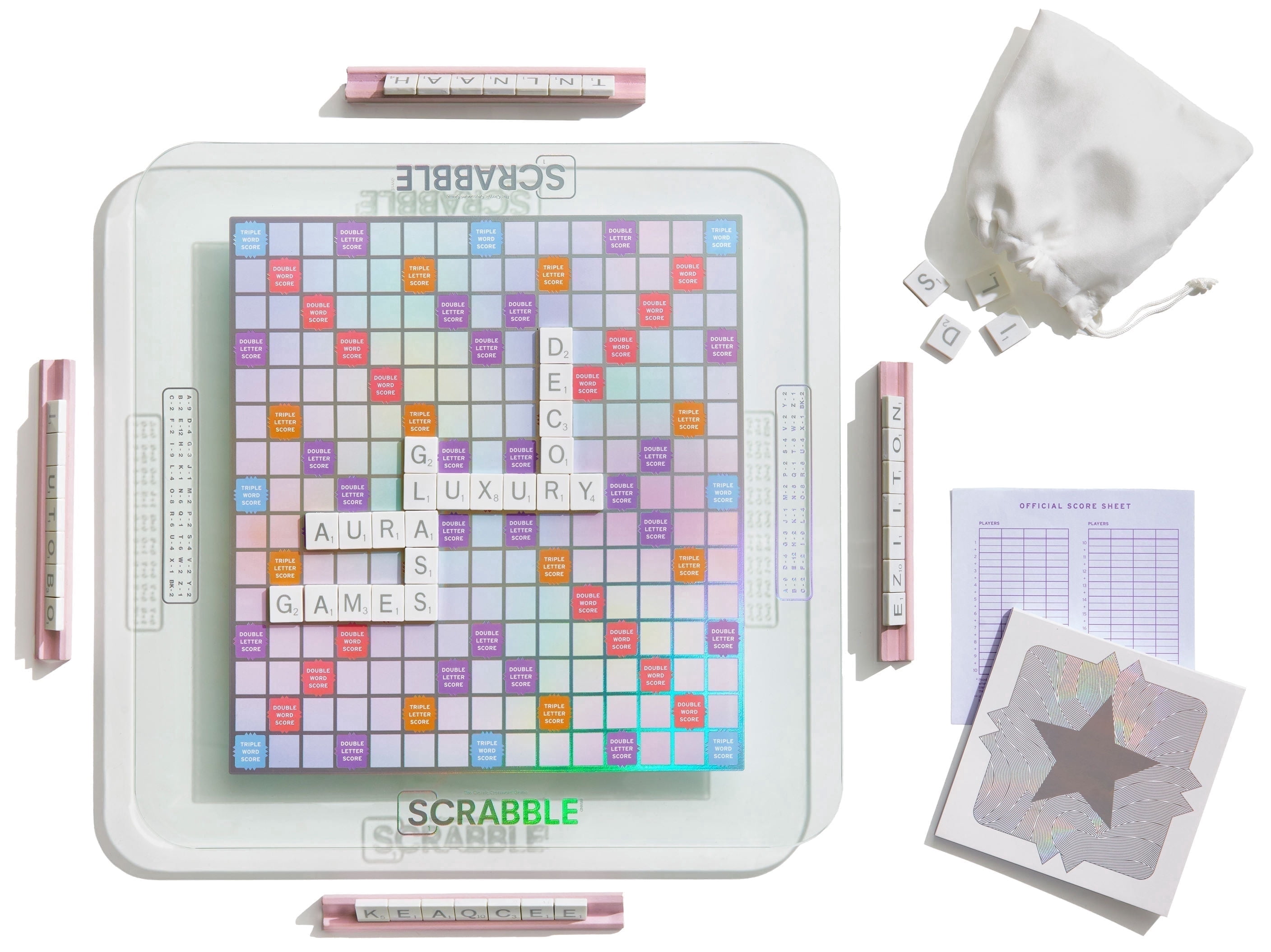 WS Game Company Scrabble Aura Edition – Iridescent Rotating Tempered Glass Game Board, Metallic-Printed Letter Tiles, Luxe Tile Racks & Organizer Tray – Family Word Game for Ages 8+, 2–4 Players