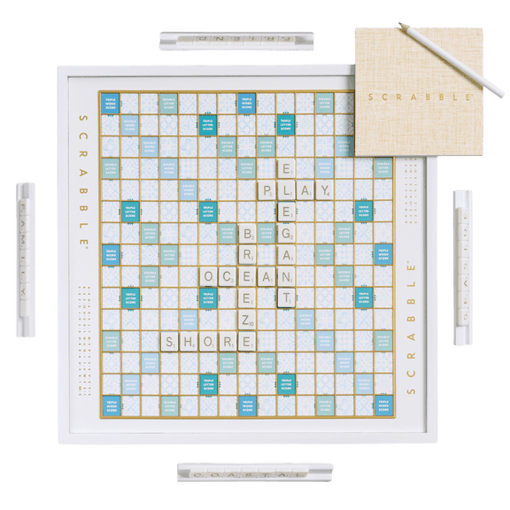 WS Game Company Scrabble Bianco Edition Deluxe Wooden Board Game Set Rotating Turntable Board Raised Tile Grid White Wood Letter Tiles Coastal Design 2 to 4 Players Adults and Kids 8 and Up