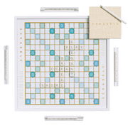 WS Game Company Scrabble Bianco Edition Deluxe Wooden Board Game Set Rotating Turntable Board Raised Tile Grid White Wood Letter Tiles Coastal Design 2 to 4 Players Adults and Kids 8 and Up