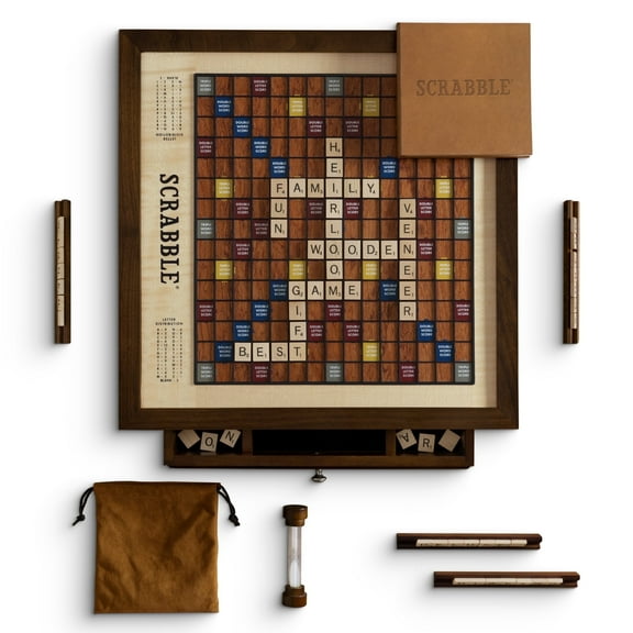 WS Game Company Scrabble Heirloom Edition Board Game with Rotating Solid Walnut Cabinet