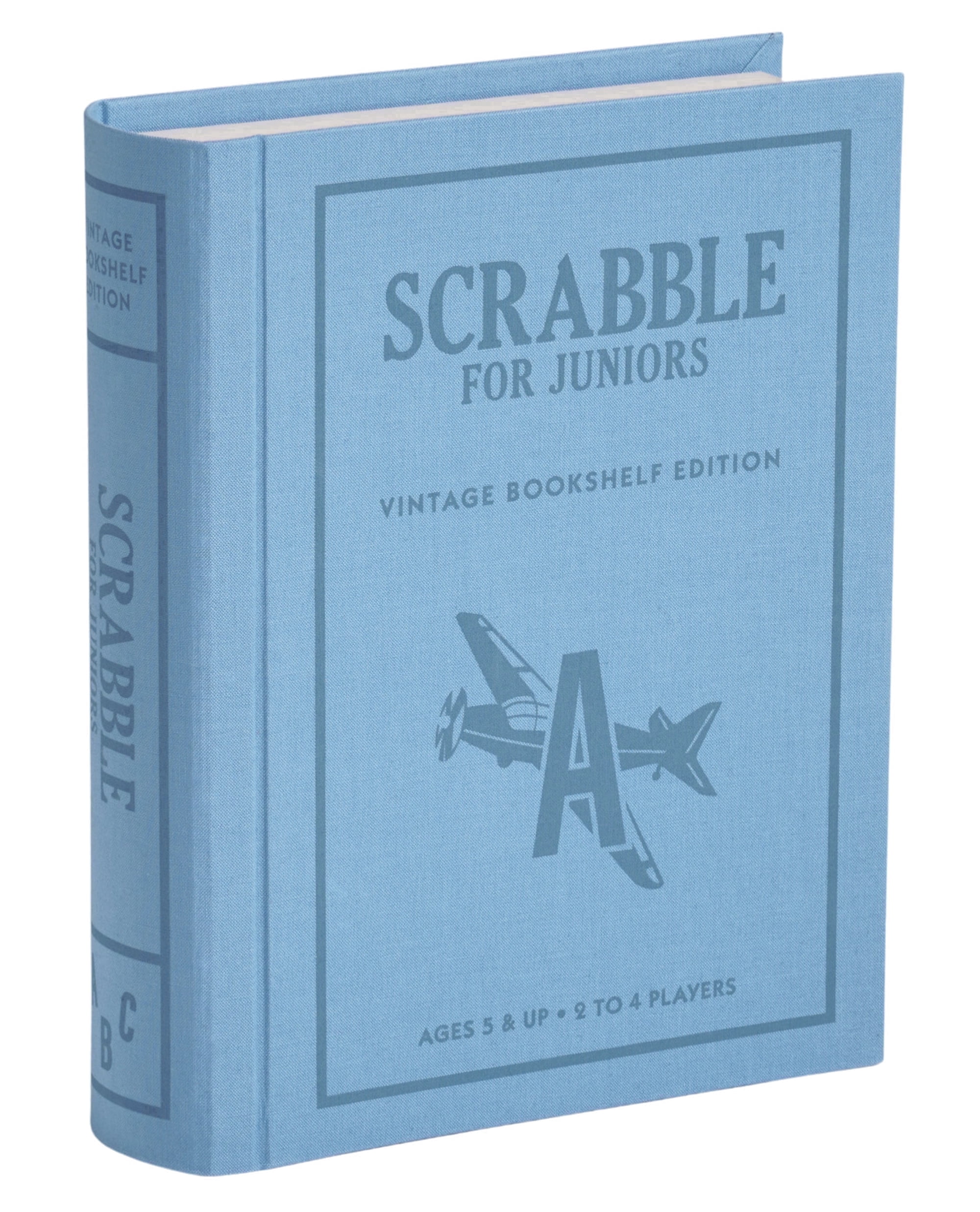 WS Game Company Scrabble Junior Vintage Bookshelf Edition – 2-Sided Board Grows with Your Child – Fabric Wrapped Book Storage Word Game for Ages 5 and Up