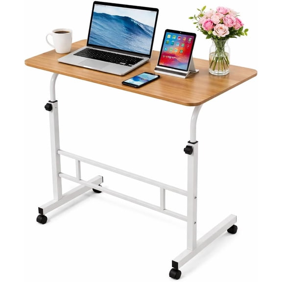 WSA Adjustable Laptop Desk with Wheels, 32 Inch Rolling Overbed Table, Height Adjustable Mobile Computer Desk for Home Office, Bed, Sofa, Walking Pad Workstation (Wood)