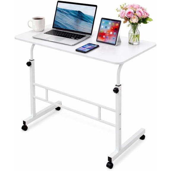 WSA Adjustable Laptop Desk with Wheels, 32 Inch Rolling Overbed Table, Height Adjustable Mobile Computer Desk for Home Office, Bed, Sofa, Walking Pad Workstation (White)