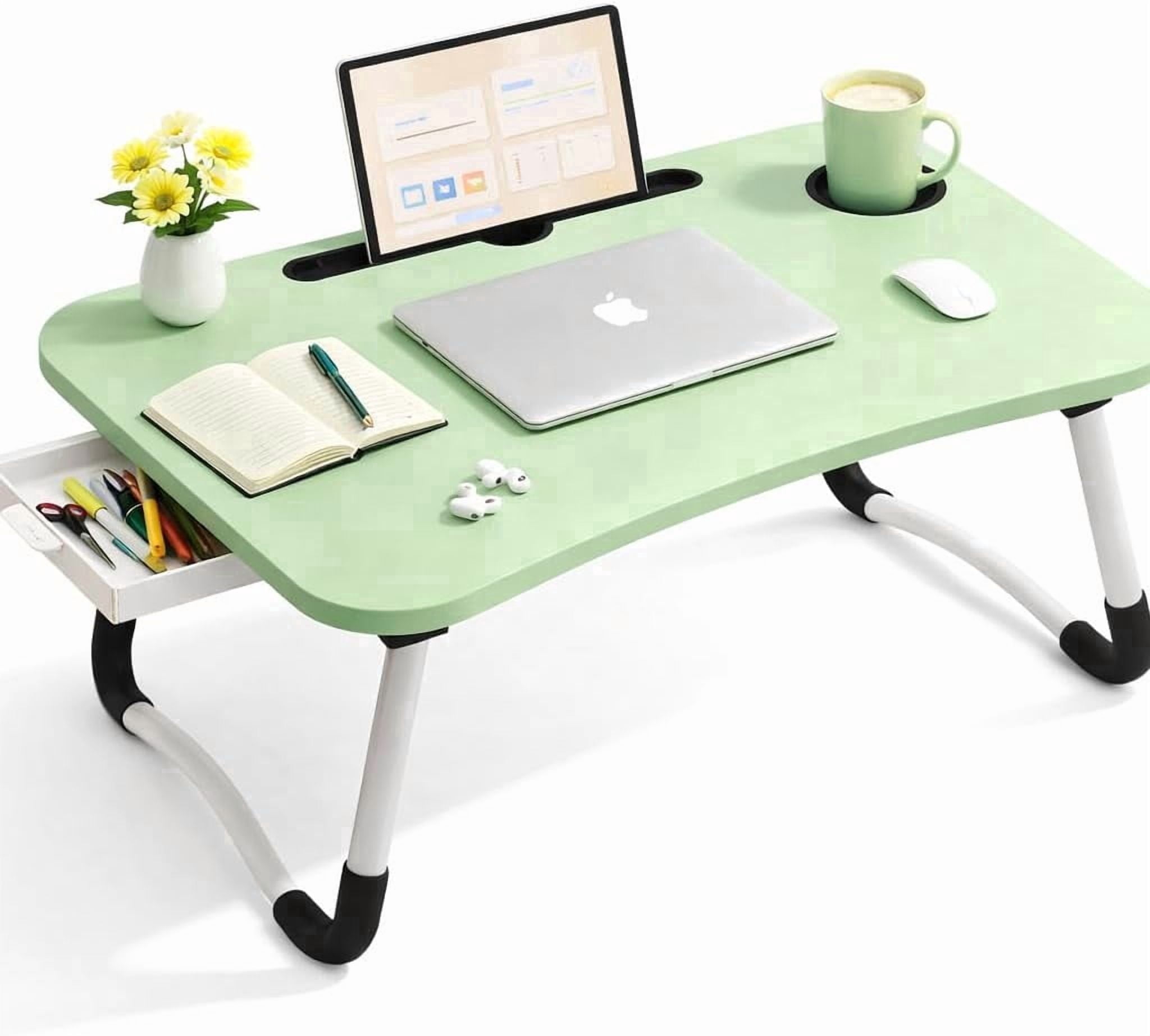 WSA Foldable Lap Desk with Drawer & Cup Holder, 23.6” Portable Laptop Bed Tray Table with Tablet Slot, Non-Slip Laptop Desk for Bed Couch Sofa, Working Writing Eating Breakfast (Green)