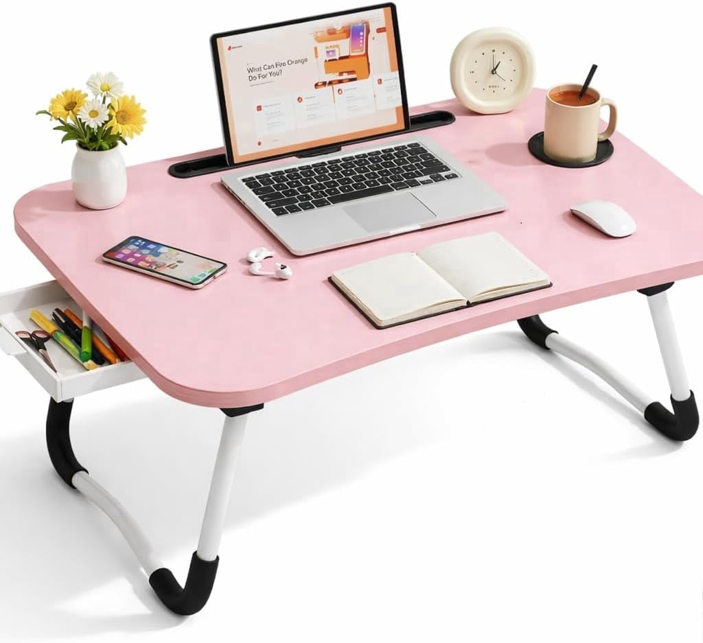 WSA Foldable Lap Desk with Drawer & Cup Holder, 23.6” Portable Laptop Bed Tray Table with Tablet Slot, Non-Slip Laptop Desk for Bed Couch Sofa, Working Writing Eating Breakfast (Pink)