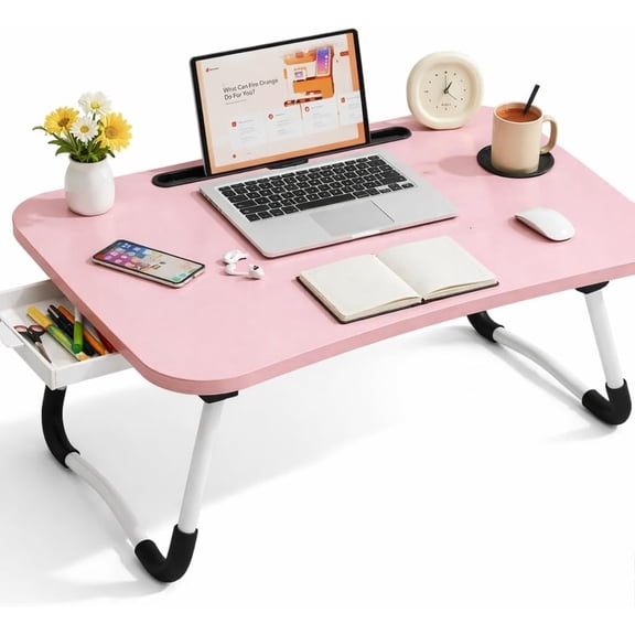 WSA Foldable Laptop Bed Desk with Cup Holder & Tablet Slot Portable Lap Desk Tray Table for Couch Sofa & Bed Large Notebook Stand for Eating Writing Studying Breakfast in Bed (Pink)