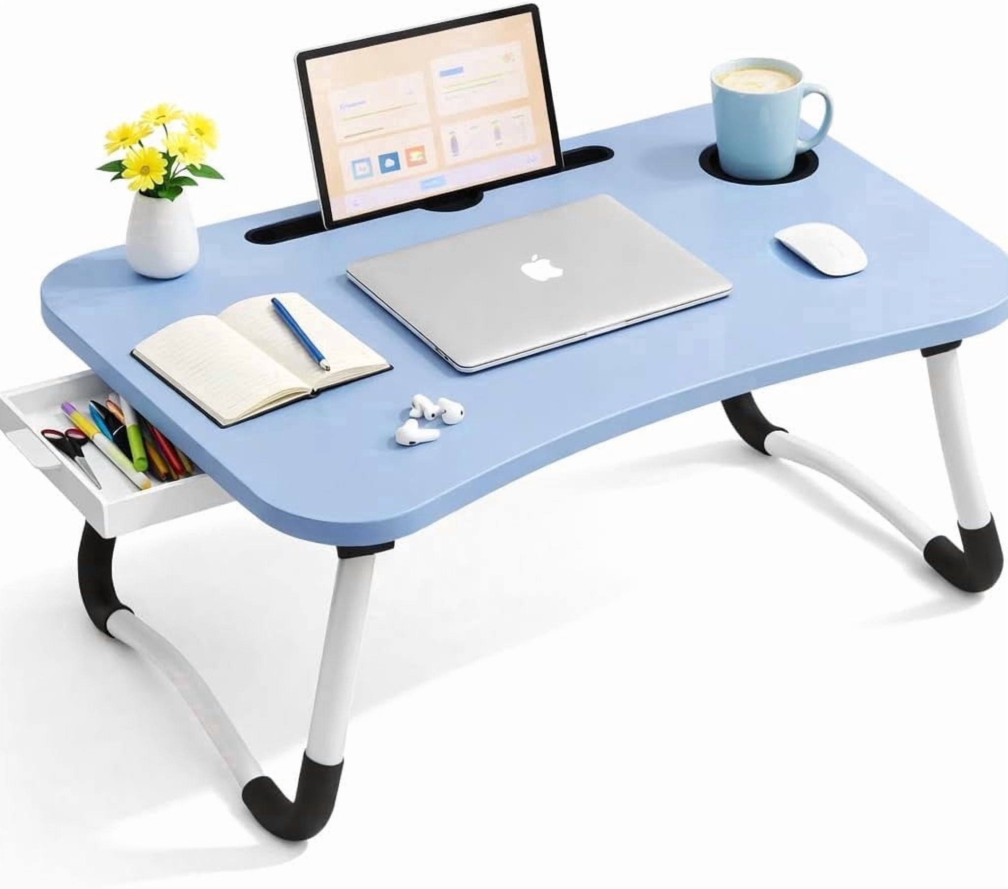 WSA Foldable Lap Desk with Drawer & Cup Holder, 23.6” Portable Laptop Bed Tray Table with Tablet Slot, Non-Slip Laptop Desk for Bed Couch Sofa, Working Writing Eating Breakfast (Blue)