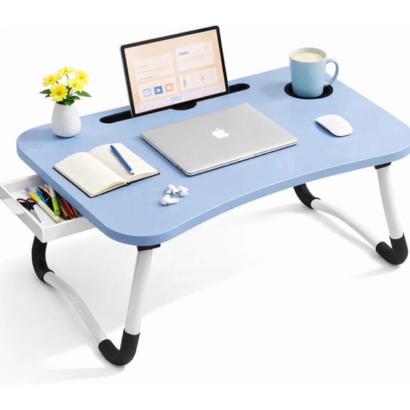 WSA Foldable Lap Desk with Drawer & Cup Holder, 23.6” Portable Laptop Bed Tray Table with Tablet Slot, Non-Slip Laptop Desk for Bed Couch Sofa, Working Writing Eating Breakfast (Blue)