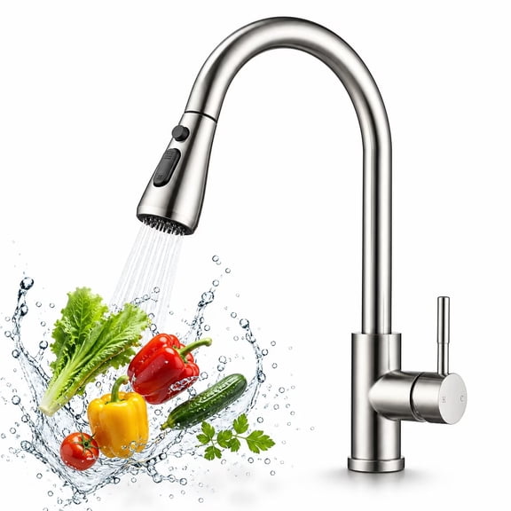 WSA Kitchen Faucet with Pull Down Sprayer, Stainless Steel High Arc Single Handle Kitchen Sink Faucet, Brushed Nickel Finish with Pause Button & Deck Plate, Fits 1 or 3 Holes