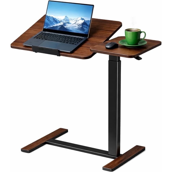 WSA Overbed Table with Wheels, Adjustable Height Rolling Laptop Desk for Bed & Sofa, C-Shaped Mobile Bedside Table with Side Tray & Cup Holder, Hospital & Home Use Workstation ((Dark Walnut))