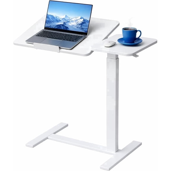WSA Overbed Table with Wheels, Adjustable Height Rolling Laptop Desk for Bed & Sofa, C-Shaped Mobile Bedside Table with Side Tray & Cup Holder, Hospital & Home Use Workstation (Black)