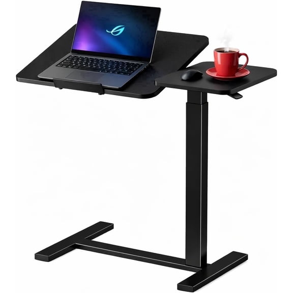WSA Overbed Table with Wheels, Adjustable Height Rolling Laptop Desk for Bed & Sofa, C-Shaped Mobile Bedside Table with Side Tray & Cup Holder, Hospital & Home Use Workstation (Black)