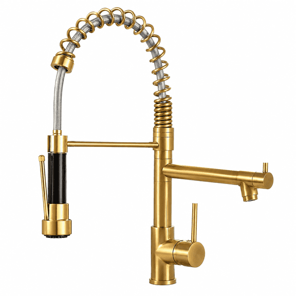 WSA Spring Kitchen Faucet with Pull Down Sprayer High Arc 360° Swivel Double Spouts Single Handle Single Hole Stainless Steel Kitchen Sink Tap for Farmhouse RV Bar Laundry Sink (Golden)