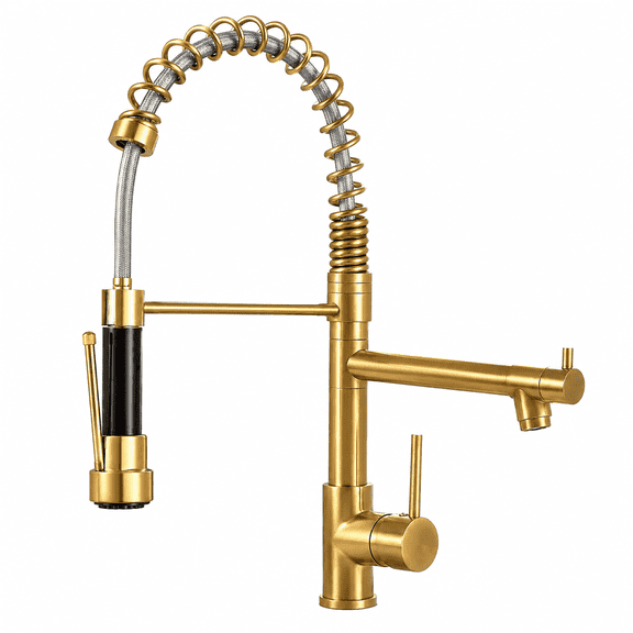 WSA Spring Kitchen Faucet with Pull Down Sprayer High Arc 360° Swivel Double Spouts Single Handle Single Hole Stainless Steel Kitchen Sink Tap for Farmhouse RV Bar Laundry Sink (Golden)