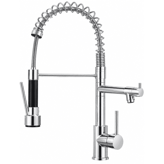 WSA Spring Kitchen Faucet with Pull Down Sprayer High Arc 360° Swivel Double Spouts Single Handle Single Hole Stainless Steel Kitchen Sink Tap for Farmhouse RV Bar Laundry Sink (Silver)