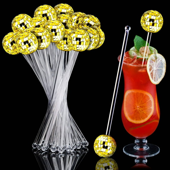 WSBArt 20 Pcs Disco Balls Cocktail Stirrers Plastic Round Top Swizzle Sticks Cake Pops Mirror Ball Coffee Beverage Stirrers for Home Bar Coffee Shop Use (Gold)