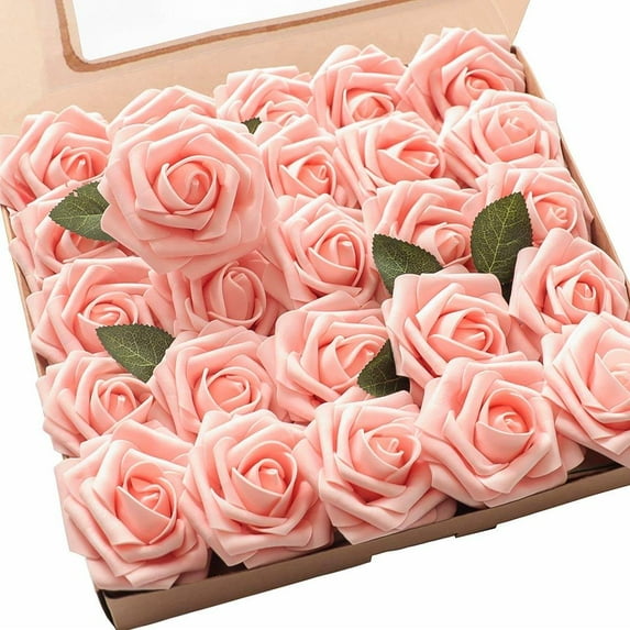 WSBArt 25pcs Artificial Flowers Real Looking Peach Pink Foam Fake Roses with Stems for DIY Wedding Bouquets Bridal Shower Centerpieces Floral Arrangements Party Tables Home Decoration