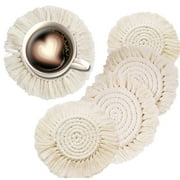 WSBArt 4 Pack Coasters for Drinks Absorbent, Macrame Handmade Cotton Coasters for Coffee Table, Boho Coaster Set with Tassels Heat-Resistant Farmhouse Drink Coaster for Home Decor, Beige