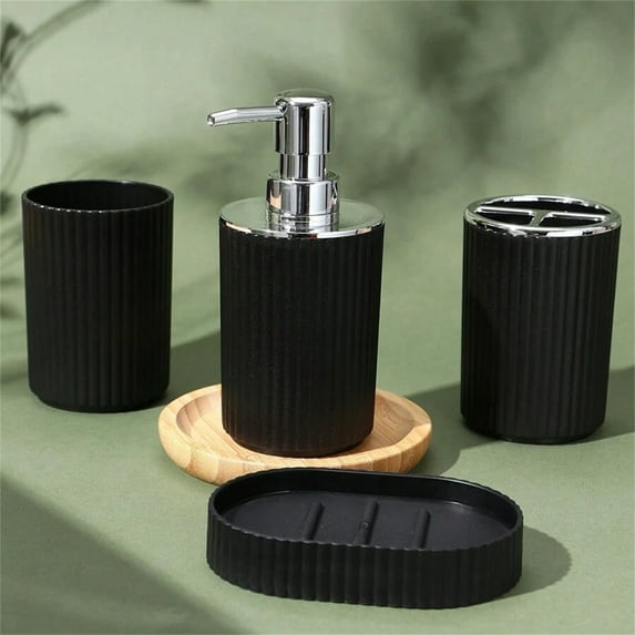 WSBArt 4Pcs Black Striped Bathroom Set Soap Tray Soap Solution Bottle Toothbrush Holder Wash Cup