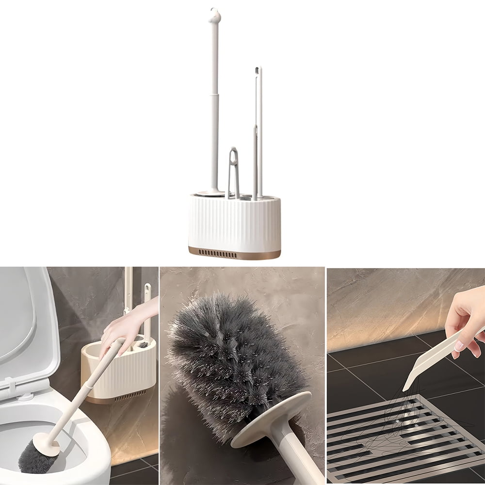 WSBArt 4Pcs Wall Mounted Toilet Cleaning Brush Set with Long Handle and No Dead Corner Design Includes Toilet Brush Drain Brush and Flat Head Scrubber for Effective Bathroom Household Cleaning