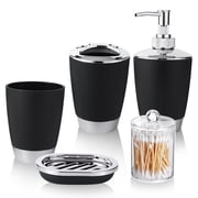 WSBArt 5-Piece Black Plastic Bathroom Set   Includes Lotion Bottle, Toothbrush Holder, Mouthwash Cup, Soap Dish, and Cotton Swab Box   Modern Countertop Organizer for Sink, Vanity, and Shower