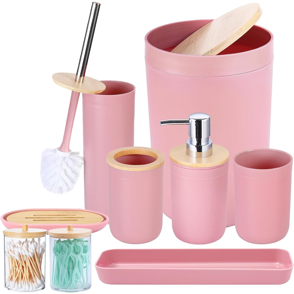9 Piece Pink Plastic and Wood Bathroom Accessories Set