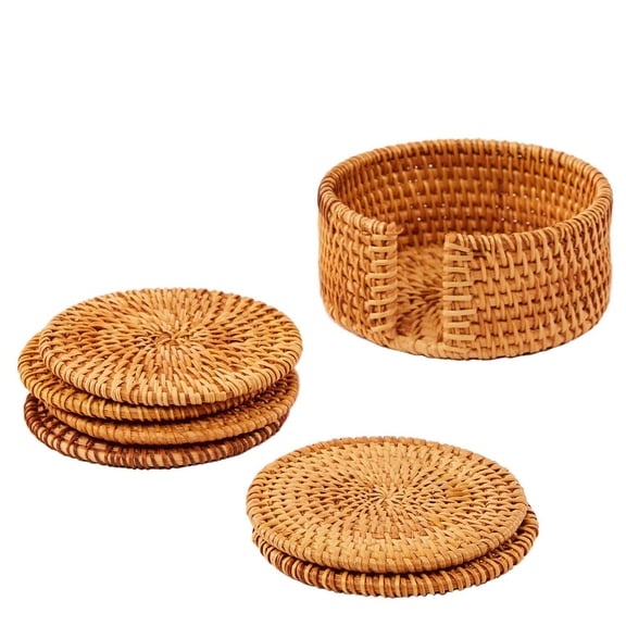 WSBArt Handmade Natural Rattan Coasters - Round Straw Woven Trivet for Teacup, Wicker Heat Resistant Plate Pad Mat for Hot Pots and Pans, Non-Slip 6 Piece Coaster Set with Holder