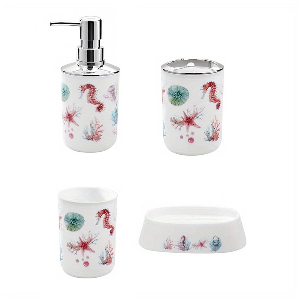 WSBArt Ocean Themed 4 Piece Bathroom Set Plastic Soap Dispenser, Toothbrush Cup, Mouthwash Cup, And Soap Box Beach Inspired Bathroom Decor