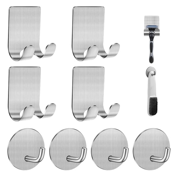 WSBArt Razor Holder for Shower + Adhesive Wall Hooks, Premium 304 Stainless Steel Shower Razor Holder with Heavy Duty Waterproof Sticky Hooks for Bathroom Hanging Towels, Coat, Hat, 8 Piece