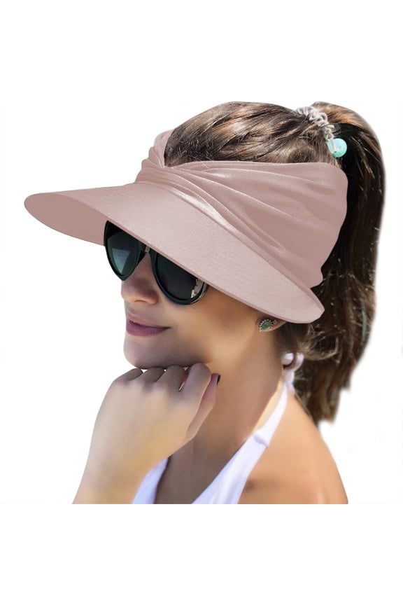 Womens Sun Hat Wide Brim Summer UPF 50+ UV Protection Beach Sport Ponytail Sun Visor Cap, Pink