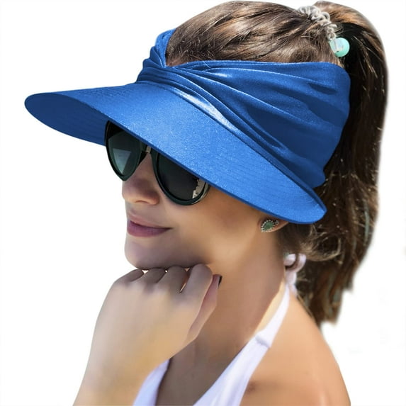 WSBArt Womens Sun Hat Wide Brim Summer UPF 50+ UV Protection Beach Sport Ponytail Sun Visor Cap, Royal Blue