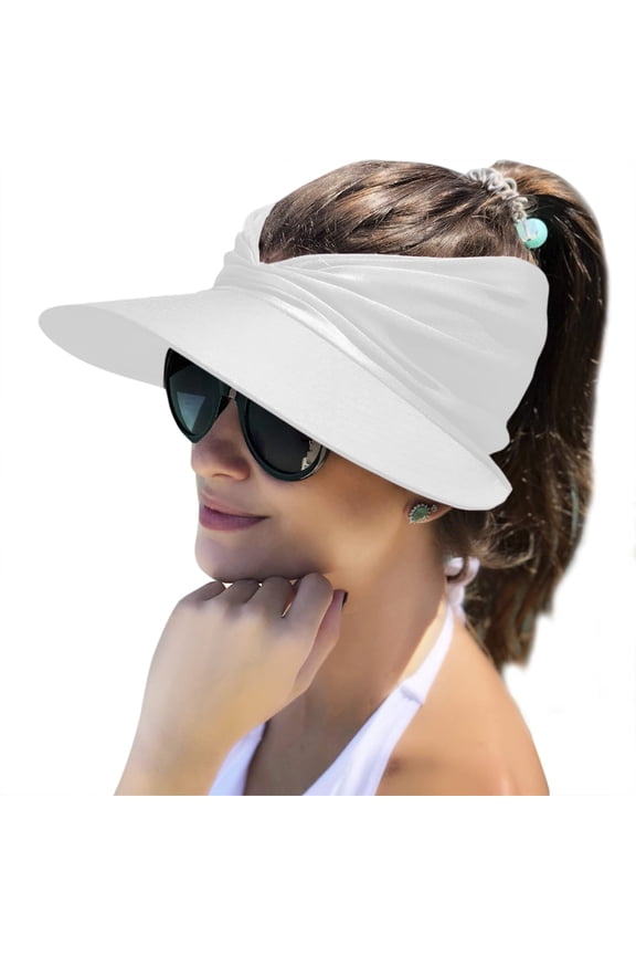 Womens Sun Hat Wide Brim Summer UPF 50+ UV Protection Beach Sport Ponytail Sun Visor Cap, White