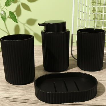 WSBArt4-Piece Black Striped Bathroom Set - Soap Dispenser, Soap Dish, and 2 Toothbrush Cups