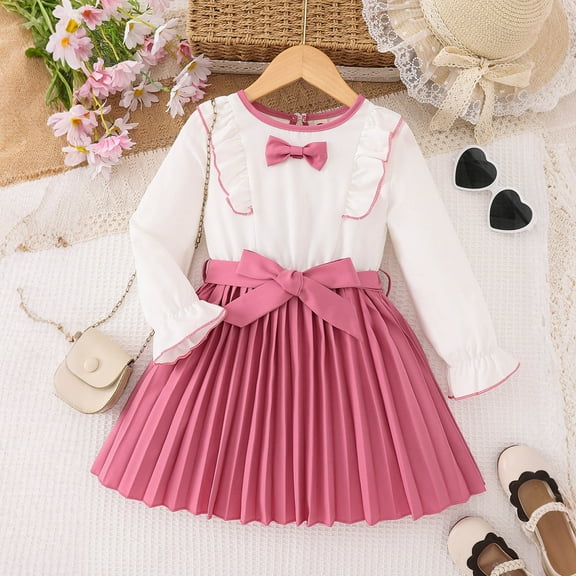 WSBDENLK Girl Long Sleeve Stretchy Dress A Line Twirly Skater School Recital Dress Solid Round Neck Dress Christmas Outfits