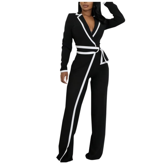 WSBDENLK Jumpsuit for Women Winter Color Matching Belt V-neck Long Sleeves Long Sleeves Trousers Jumpsuit