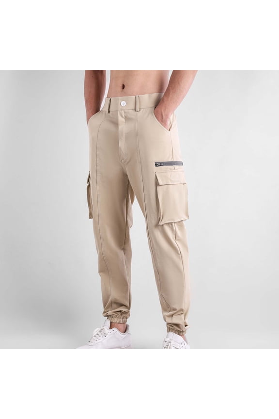 Men's Button Waist Multiple Pockets Tie The Feet Cargo Pants Exercise Breathable Running Fitness Pants
