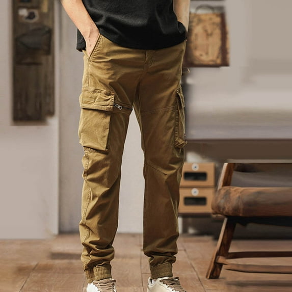 WSBDENLK Men's Elastic Waist Slim Fit Cargo Pants, Solid Color Multi-Pocket Trousers for Work Utility Outdoor