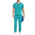 thumbnail image 1 of WSBDENLK Scrubs for Men 2PC Set Solid Color V-neck Pocket Caregiver Short Sleeved Shirt Elastic Pants Nurse Uniform Sets, 1 of 9