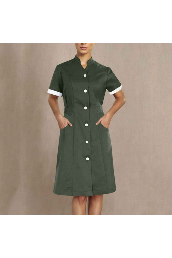 Scrubs for Women Solid Color Button Front Dress with Dual Pockets Stand Collar Nursing Uniforms Work Midi Dress