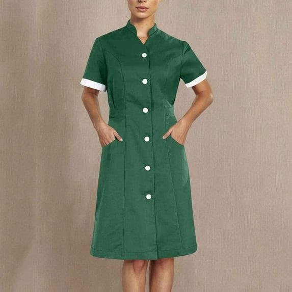 WSBDENLK Scrubs for Women Solid Color Button Front Dress with Dual Pockets Stand Collar Nursing Uniforms Work Midi Dress