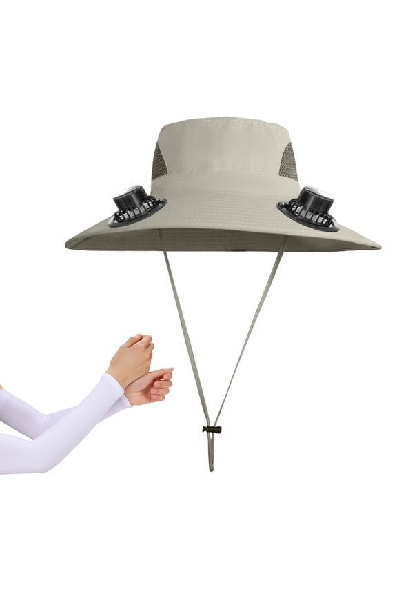 Solar USB Rechargeable Dual-Powered Fan Hat 18.9in with Adjustable Headband, Summer Cooling Cap Includes 1 Pair White Arm Sleeves, Outdoor Sun Protection Gear