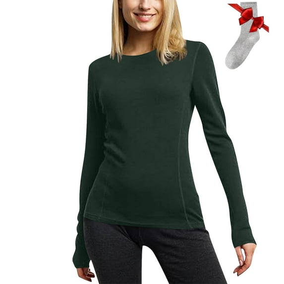 WSBDENLK Women's Round Neck Base Shirt Lightweight Comfortable Loungewear Long Sleeve Shirt with Mid-Calf Socks Homewear Basics Set Army Green L(L)