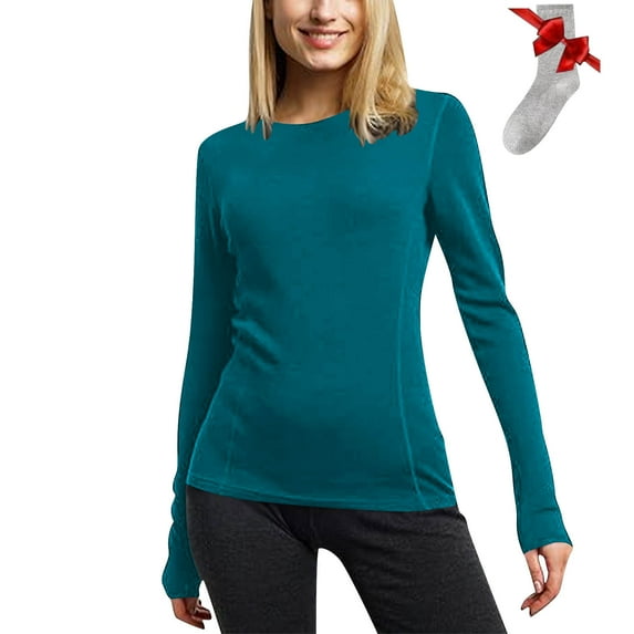 WSBDENLK Women's Round Neck Base Shirt Lightweight Comfortable Loungewear Long Sleeve Shirt with Mid-Calf Socks Homewear Basics Set Sky Blue L(L)