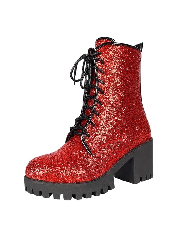 Women's Round-Toe Boots with Lace-Up and Side Zipper Glittery Sequin High-Heel Comfortable Boots