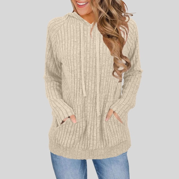 WSBDENLK Women's Solid Color Fleece Long Sleeve Hooded Raglan Pullover with Front Pocket Casual Fall Winter Sweatshirt Beige-1 M(M)