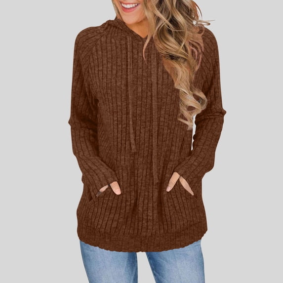WSBDENLK Women's Solid Color Fleece Long Sleeve Hooded Raglan Pullover with Front Pocket Casual Fall Winter Sweatshirt Coffee XXL(XXL)