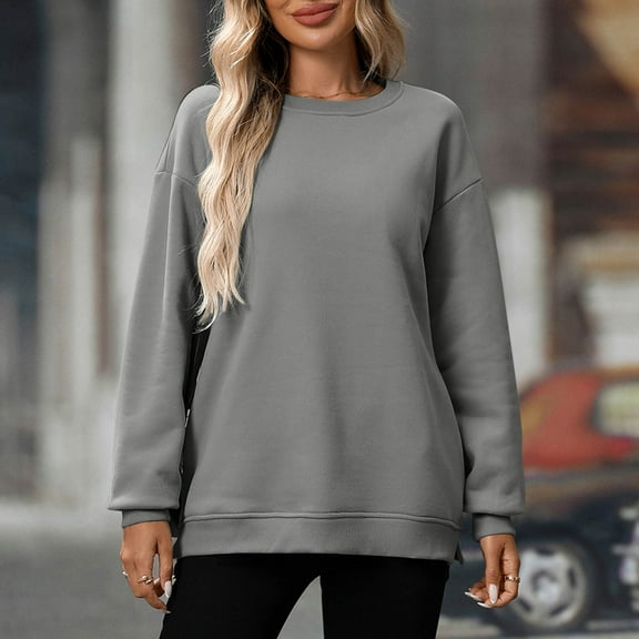 WSBDENLK Women's Solid Color Long Sleeve Round Neck Loose Fit Pullover Hoodie Casual Shirt Blouse Top Loose Sweatshirt Blouse