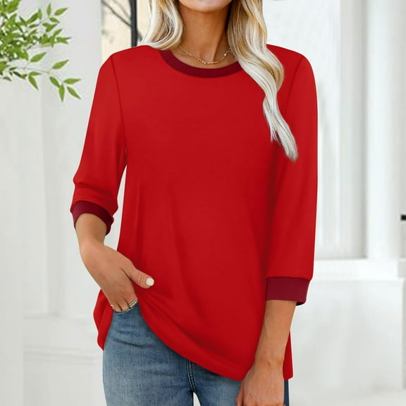 WSBDENLK Womens 3/4 Length Sleeve Tops Summer Tee T-Shirts Solid Color Round Neck Tunic Blouses Fall Winter Clothes Red L(L)