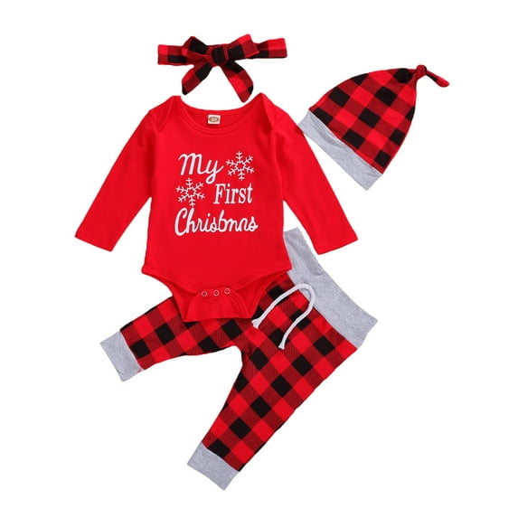 WSEVYPO Christmas 4Pcs Outfit Set Baby Girls Boys My First Christmas Rompers