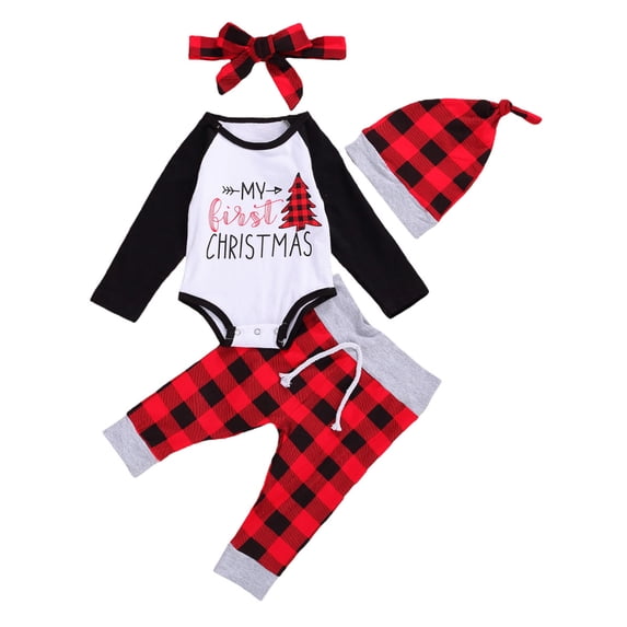 WSEVYPO Christmas 4Pcs Outfit Set Baby Girls Boys My First Christmas Rompers